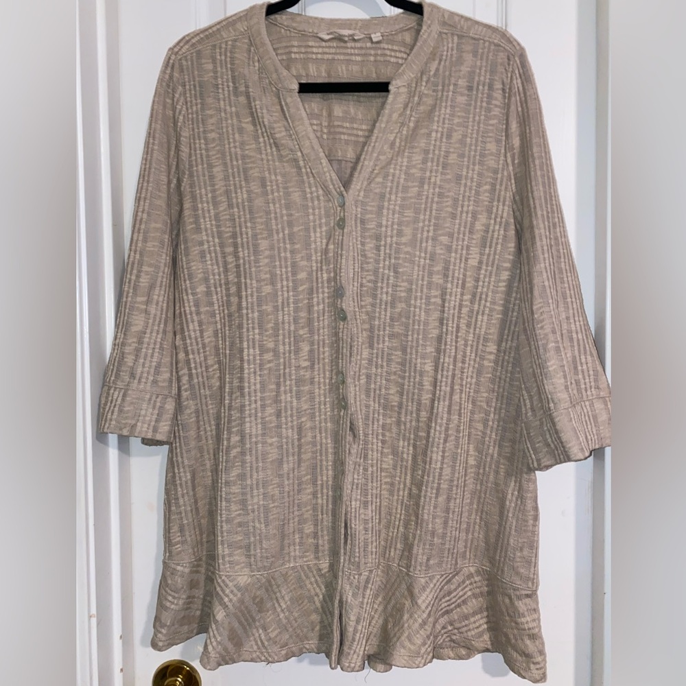 Soft Surroundings Beige-Taupe Striped Button-Front Tunic Cardigan